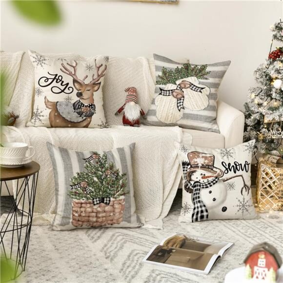 Set of 4 Christmas Pillow‎ Covers, 20x20 Snowman & Reindeer Eucalyptus Decor - Picture 2 of 7